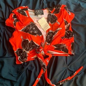 Mariana Cropped Wrap Top in Red Butterfly Print